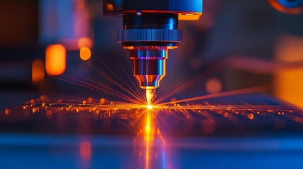Close-up of a precision laser cutting machine emitting intense orange light, highlighting advanced technology and accuracy in modern industrial manufacturing.