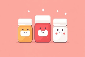 Three cartoonish pill bottles with smiling faces on a pink background emphasizing the friendly and approachable nature of modern medication