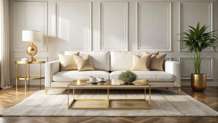 Fototapeta premium Elegant minimalistic room features a sleek gold-accented coffee table, paired with a plush cream sofa, against a clean white backdrop with subtle natural light.