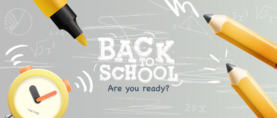 Back to school cover banner. Back to school text with pencils and alarm clock on chalkboard. Vector illustration.
