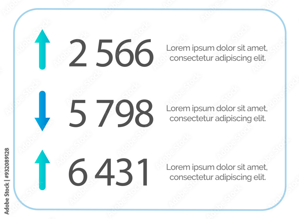 Poster business data visualization numbers, down and up arrows. infographic icons with steps dynamics of ch