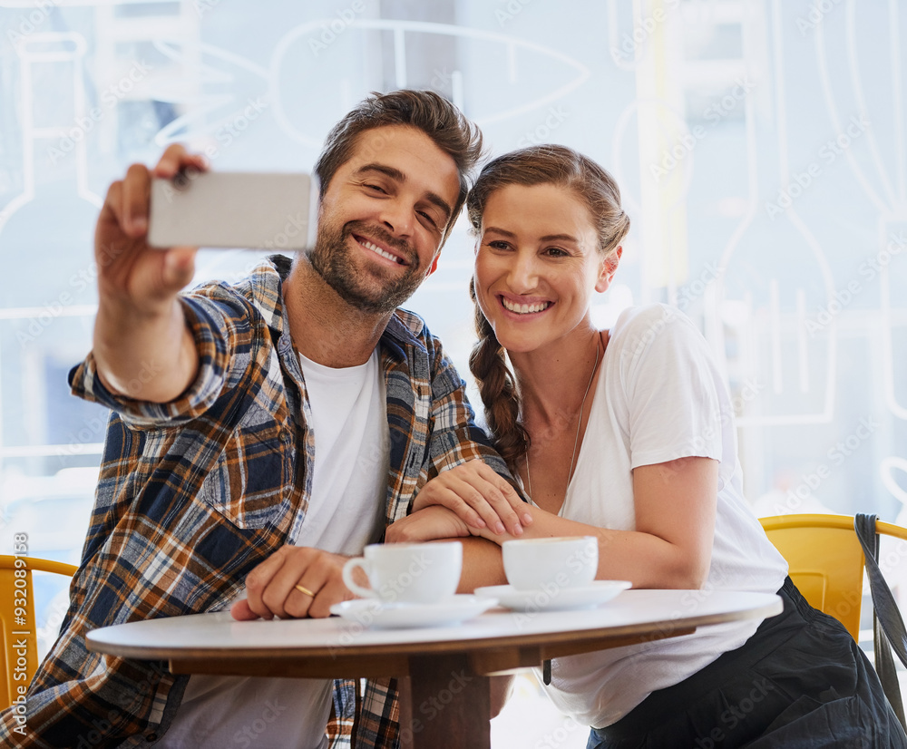 Poster coffee shop, couple and smile with selfie at table for anniversary, post and memory of date. happy, 