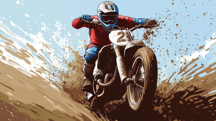 Fototapeta premium Illustration, man riding a dirt bike, mudd is splashing from the soil, low angle view. Outdoor activity. Sports event. Motor bike at high speed. Motorsport.
