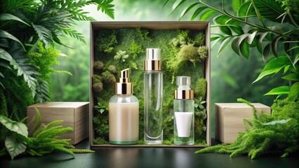 Elegant, modern skincare set featuring a translucent bottle and sleek box packaging, surrounded by lush greenery, evoking feelings of natural rejuvenation and luxury.