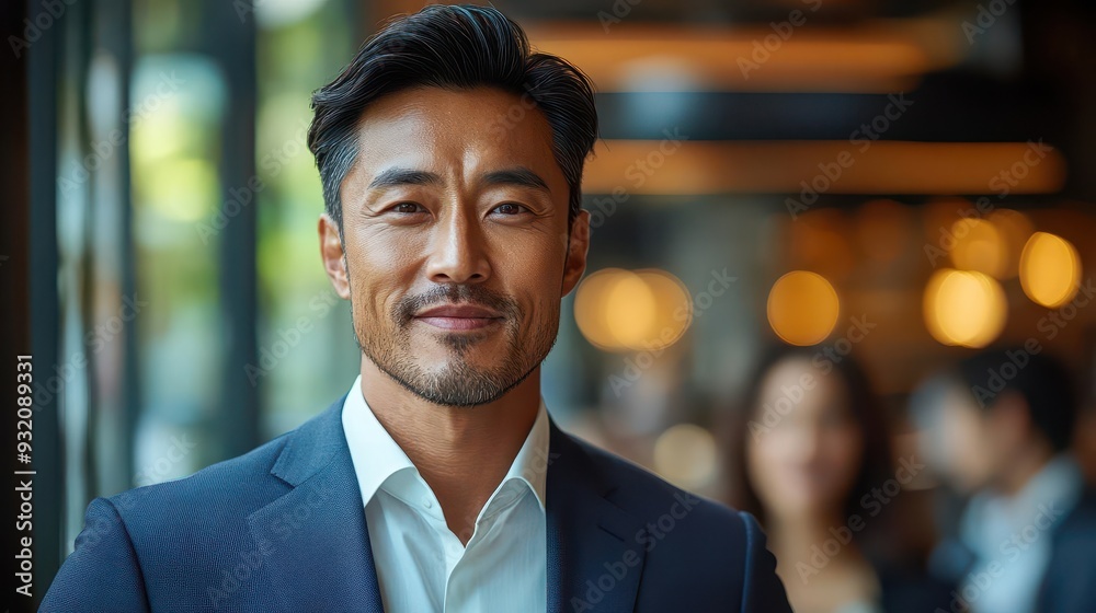 Wall mural charismatic asian businessman in sleek suit confidently addressing diverse team in modern openplan office embodying leadership and corporate success