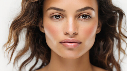 Fototapeta premium Close up studio portrait of natural beautiful woman with natural make up on the white background