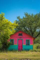 Picturesque pink and green cottage nestled among vibrant yellow wildflowers and lush greenery.