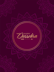 Golden text Happy Dussehra on purple background with round golden frame and abstract floral mandala elements. Elegant festive design for greeting card or poster for Hindu celebration Dussehra.