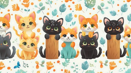 A seamless pattern of various cartoon kittens climbing scratching posts and playing with feather toys, bright colors, dynamic poses, detailed textures, hd quality, natural look. --ar 16:9 --v 6.