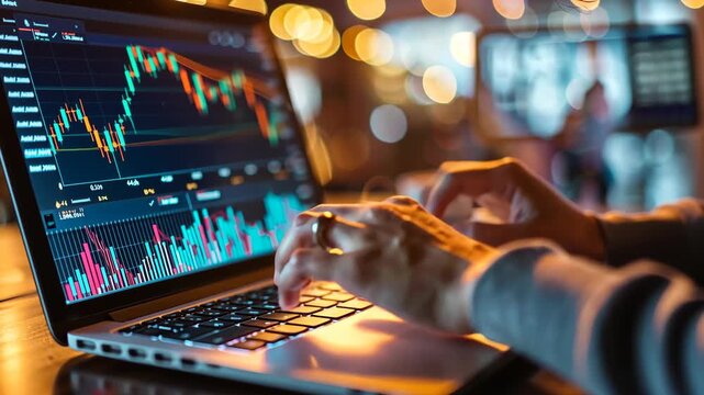 A person examines financial charts and data on a laptop while seated at a cafe, illuminated by warm ambient lighting