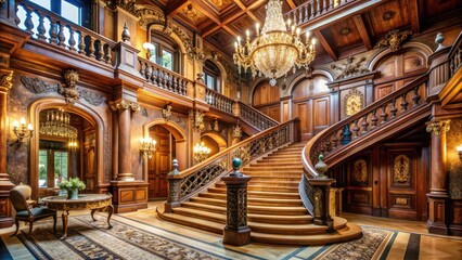 Naklejka premium Elegant staircase with intricate wood carvings and ornate chandeliers winds upward in a labyrinthine mansion's grand foyer, surrounded by ornamental walls and furnishings.