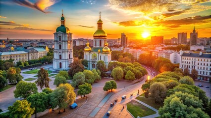 Naklejka premium Elegant sunset casts warm glow on ancient St. Sophia Cathedral and surrounding trees in Independence Square, Kiev, Ukraine, with vibrant city life.