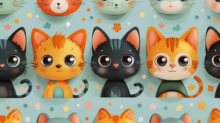 A seamless pattern of whimsical cartoon cats and dogs, dressed in quirky outfits and playing with toys, vibrant colors, detailed fur textures, playful expressions, soft shadows, hd quality,