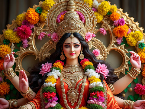 Exquisitely Detailed Durga Idol Adorned with Floral Garlands and Gold Ornaments, Celebrating Navratri Festival in India, Representing Power and Feminine Divine Energy