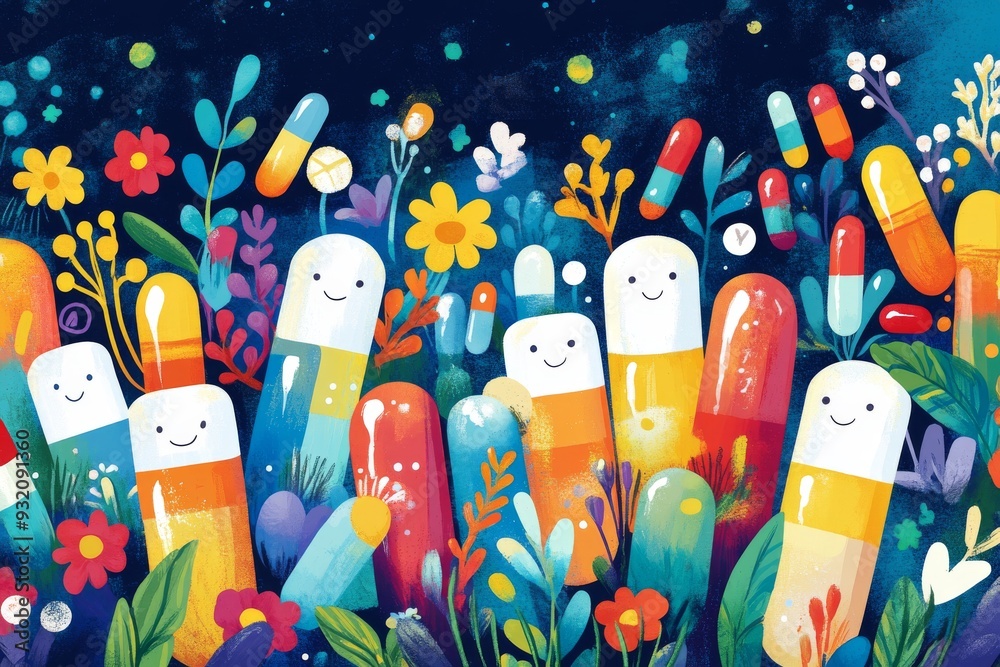 Poster a vibrant field of colorful pill characters amidst flowers and plants symbolizing the harmony betwee