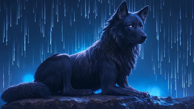 A majestic black wolf rests on a rock surrounded by falling rain in a twilight forest