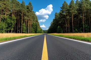 Fototapeta premium Road with pine forest on one side and open field on the other, contrast and balance