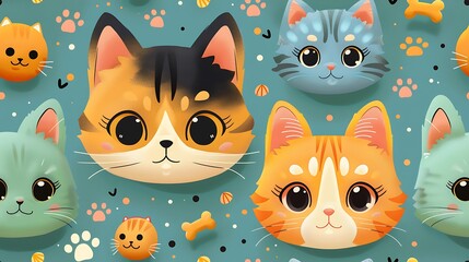 A seamless pattern of adorable cartoon cats and dogs, surrounded by playful bones, yarn balls, and paw prints, vibrant colors, detailed fur textures, hd quality, natural look. --ar 16:9 --v 6.