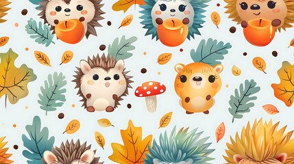 Naklejka premium A seamless pattern of adorable cartoon hedgehogs rolling around with red apples and spotted mushrooms, surrounded by autumn leaves, warm earthy tones, detailed fur and leaf textures, soft sunlight,