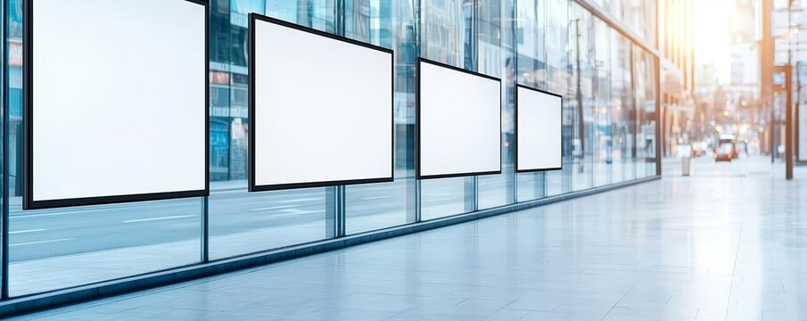 Front view of a high-end commercial building with empty billboards, reflecting a city street, emphasizing modernity and urban development