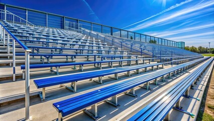 Fototapeta premium Empty bleacher seating stands await spectators at a sports stadium or outdoor event, featuring rows of narrow benches and metal frames under a bright blue sky.