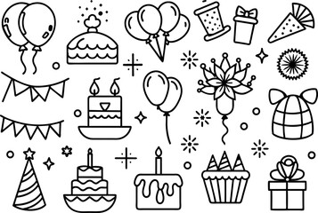 Festivals & Celebrations related concept such as Balloon, party hat, confetti, cake, candle & many more editable stroke outline icons isolated on white background flat vector illustration