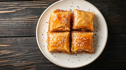 Delicious baklava arranged on a white plate, set on a dark wooden table, creating an irresistible dessert