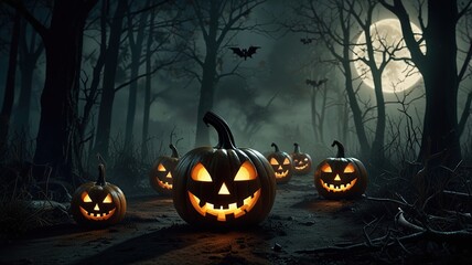 Halloween pumpkin glows spooky night evil forest terrified faces generated by artificial intelligence