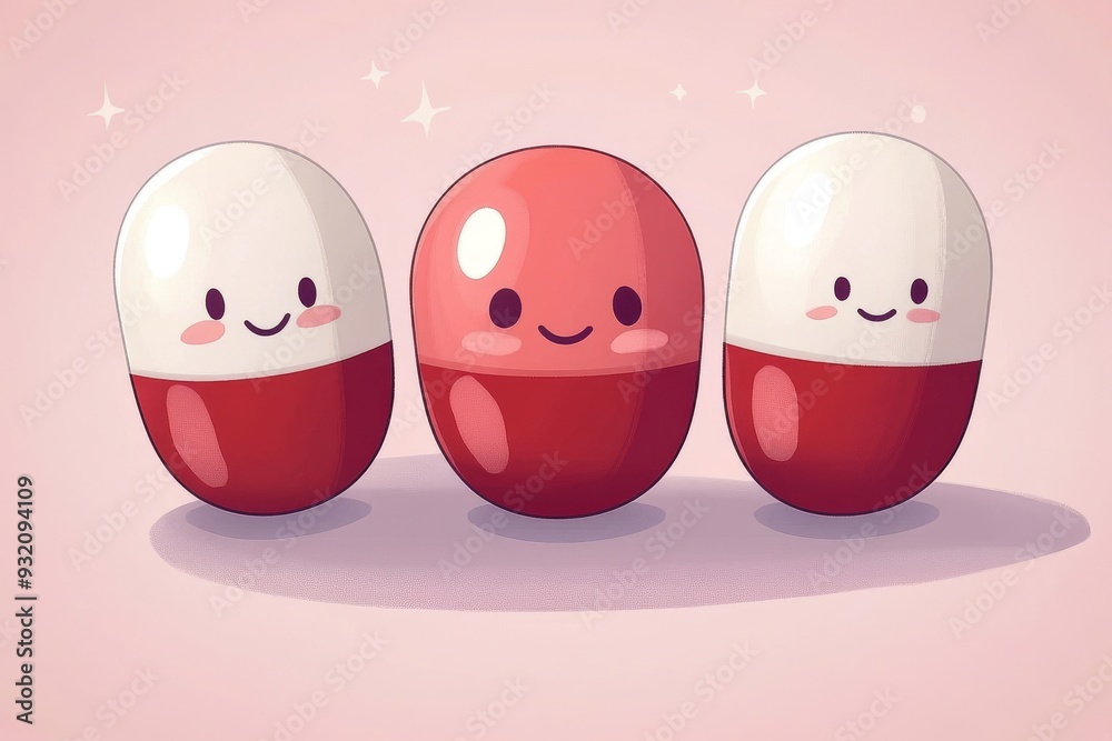 Sticker three adorable red and white pill characters with smiling faces on a pink background symbolizing the