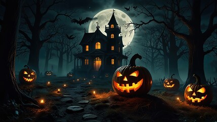Halloween pumpkin glows spooky night evil forest terrified faces generated by artificial intelligence
