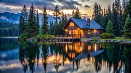 Fototapeta premium Cabin by the Lake with Mountain Reflections, reflection, cabin, sunset, mountains