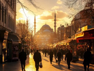 Evening stroll in an Istanbul market with the sun setting behind a historic mosque