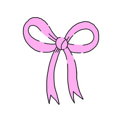 Pink bow ribbon hand drawn. Vector illustration simple design element.