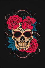 Illustration of an intricate skull with roses on a black background.