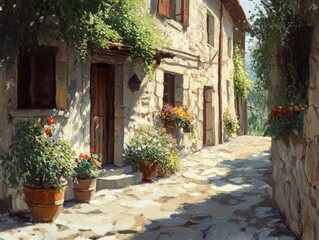 Charming cobblestone alleyway lined with flower pots in a rustic village on a sunny day