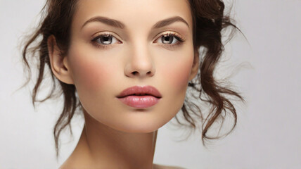 Fototapeta premium Close up studio portrait of natural beautiful woman with natural make up on the white background