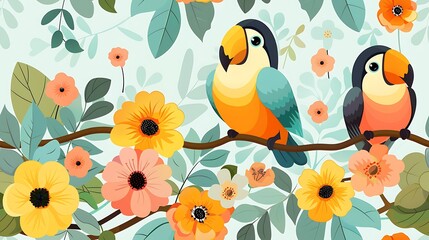 Fototapeta premium A seamless pattern of colorful cartoon toucans and parrots interacting on jungle branches, surrounded by exotic flowers and fruits, rich greens, and vibrant hues, soft shadows, hd quality,