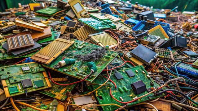 E-Waste heap of discarded electronic circuit boards, wires, and components, a technograveyard symbolizing the rapid obsolescence of modern technology and waste generation.
