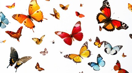 Fototapeta premium A variety of colorful butterflies in flight against a clean white background, showcasing diversity, freedom, and beauty in motion.