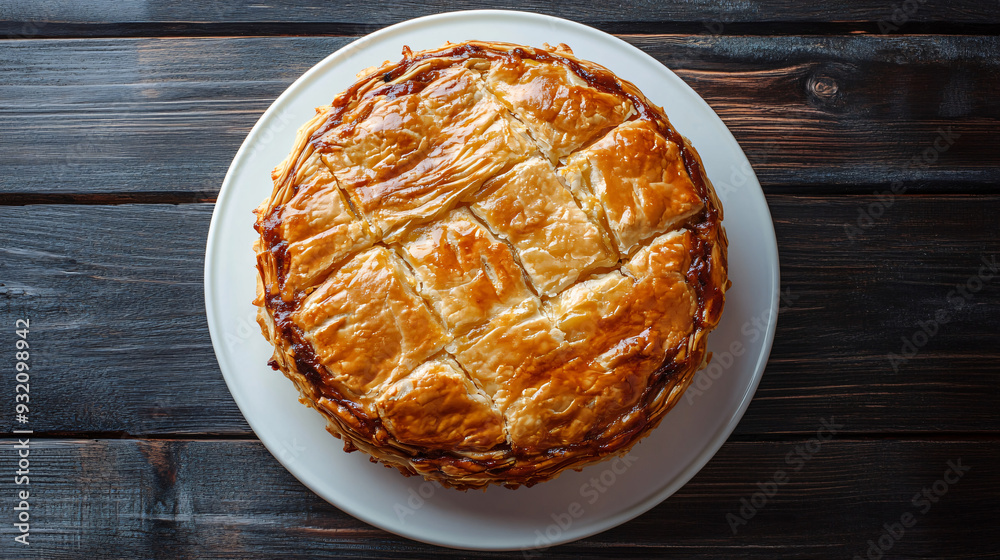 Canvas Prints delicious golden pie resting on a white plate over a dark wooden table, shot from above