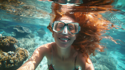 Naklejka premium Redheaded girl in goggles swimming underwater on a coral reef.