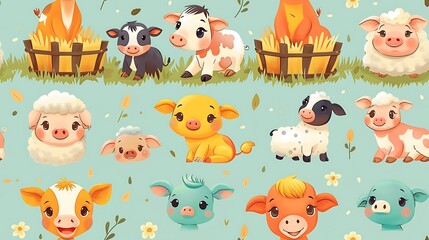 Naklejka premium A seamless pattern of cute cartoon cows, pigs, and sheep playing around a red barn, surrounded by haystacks and wooden fences, warm earthy tones, detailed fur textures, soft sunlight, hd quality,