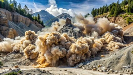 _explosive detonation throws massive boulders into the air as controlled rock blasting operation clears rocky terrain for construction or mining site development