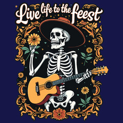 Celebratory Skeleton with Marigold Flower and Guitar T-Shirt Design for Día de los Muertos