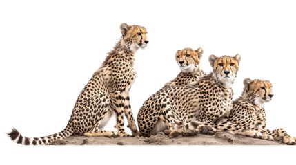 Cheetah family working together to hunt in the open plains, white background for clipping