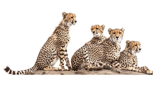 Cheetah family working together to hunt in the open plains, white background for clipping