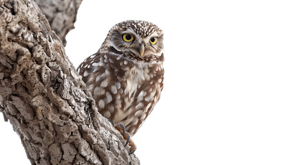Owl perched in a tree scanning the ground for movement, white background for clipping