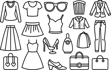 Fashion & Accessories related concept such as Dress, high heels, hat, sunglasses & many more editable stroke outline icons isolated on white background flat vector illustration