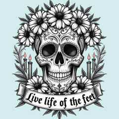 Obraz premium Black and White Sugar Skull with Marigolds Elegant Gothic T-Shirt Line Art