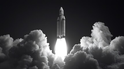 Futuristic Black and White 3D Render of Rocket Launch with Smoke Plumes on Clean Background - High-Resolution Photography